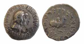Indo-Greeks, Apollodotos II, Silver, Drachm, double-struck on obv, horseman on rev. Fine+,