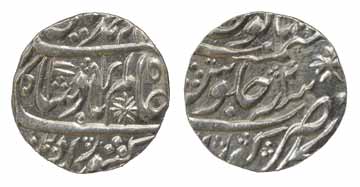 Kora mint, Silver, Rupee, in the name of Shah Alam II, RY 2, Flag and Trishul as mint mark