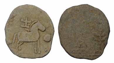 Ikshvakus, 1st century BC, Lead, a horse standing to right with a Shrivatsa symbol on its 