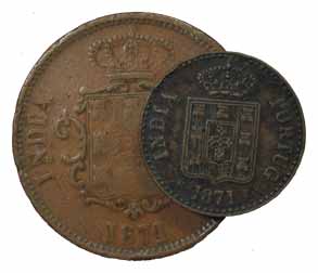 Goa, Copper (2), ½ Tanga (30 Reis), 1871, and 10 Reis, 1871. Very Fine, Scarce. 2 coins