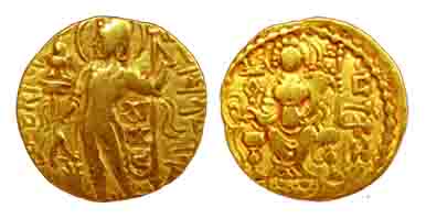 Guptas, Samudragupta, Gold, Dinar, Standard type, goddess Lakshmi on a throne on rev. Abou