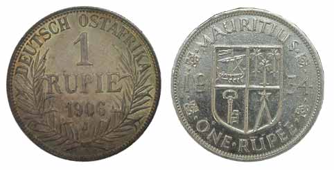 German East Africa, Silver, Rupee, 1906J; Mauritius, Silver, Rupee, 1934. Very Fine to Alm