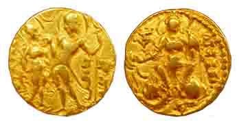 Guptas, Samudragupta, Gold, Dinar, King & Queen type, the king presenting an object to the