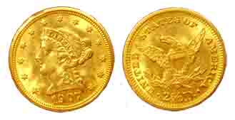 USA, Gold, 4.18 g, 2-½ Dollars, 1907, Liberty Head. About Extremely Fine.