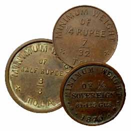 Weights of coins, ½ Rupee weight of 3/8 Tola; of ¼ Rupee of 7/32 Tola; and ½ Sovereign, 61