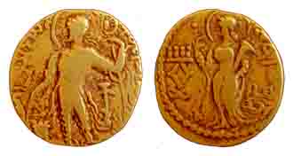 Guptas, Kachagupta, Gold, Dinar, Standard type, king holding a staff and offering at an al