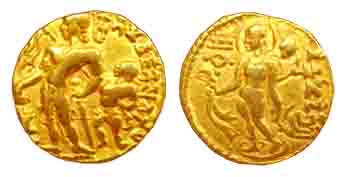 Guptas, Chandragupta II, Gold, Dinar, Chhatra type, the king standing to left with a dwarf