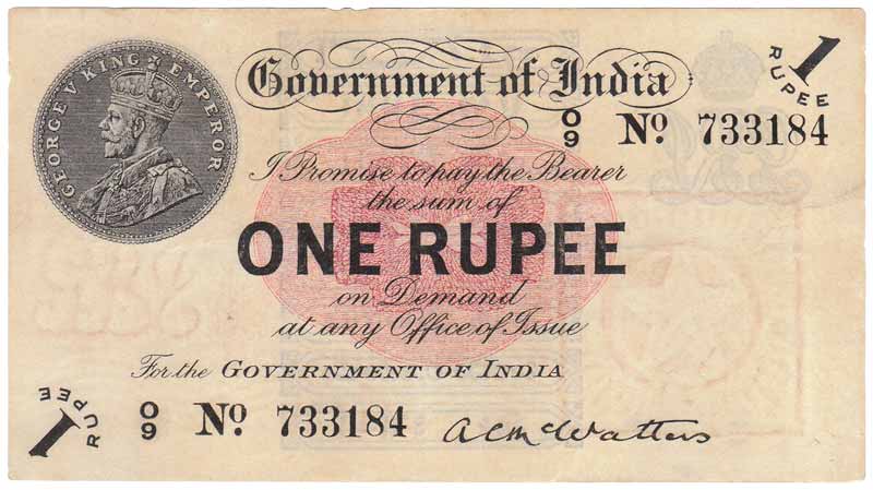 Government of India, Rupee 1, 1st issue of 1917, sign A C Macwatters, Prefix is O (letter 