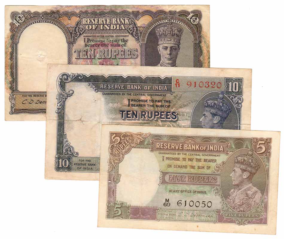 George V, Rs. 5, side facing, J B Taylor (1), CD Deshmukh (3); Rs. 10, side facing, J B Ta