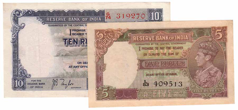 George VI, Rs. 5, side facing, Sign CD Deshmukh; and Rs. 10, Side Facing, Sign JB Taylor. 