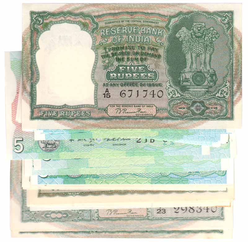 Rs. 5 (33), Complete set of all the Rs. 5 notes from the first issue to the last of 33 dif