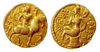 Guptas, Chandragupta II, Gold, Dinar, Horseman type, the king riding a horse to right on o