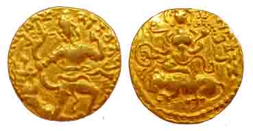Guptas, Chandragupta II, Gold, Dinar, Lion-Slayer type, the king killing a lion with a bow