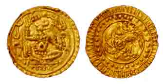 Hangal Kadambas, Gold, Pagoda, Lord Hanuman seated to right with legend naraka below on ob