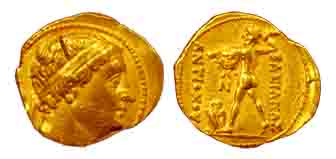 Indo-Bactrians, Antimachos, Gold, Stater, diademed head to right on obv; Basiolos down to 