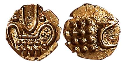 Haidar Ali, Gold Fanam, 0.38g, Obv: Crude figure of Lion, Rev: Persian “He” of Haidar to t