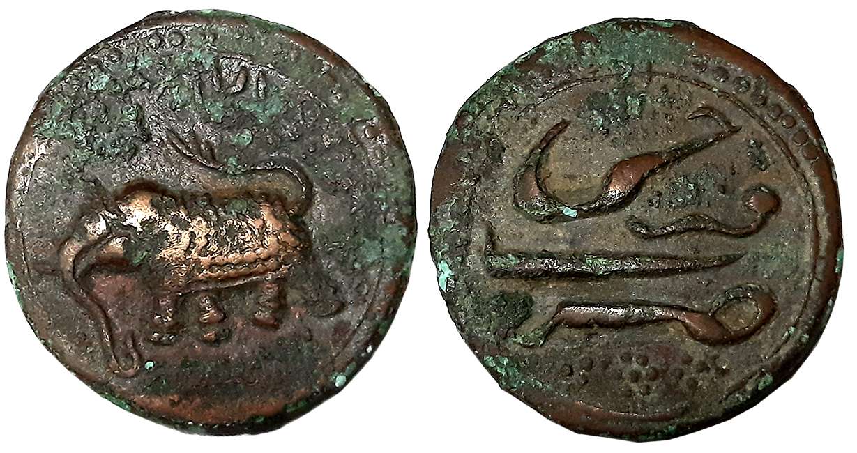 Tipu Sultan, Copper Paisa, 11.13g, Farrukhi Mint, AM 1218 (Retrograde), Obv: Elephant to l
