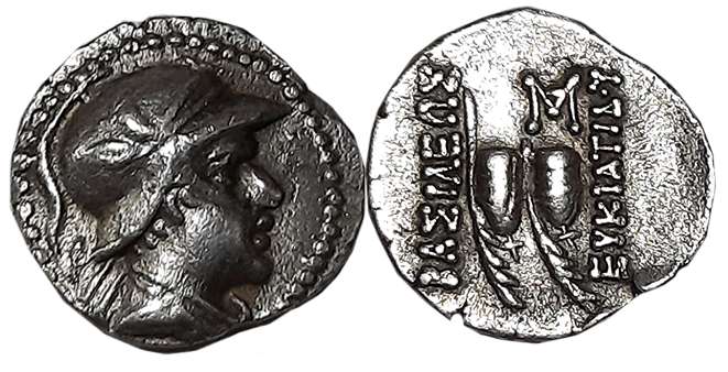 Bactrian Greek, Eukratides I, Silver Obol, 0.70g, Baktra Mint, Obv: Diademed bust of Eukra