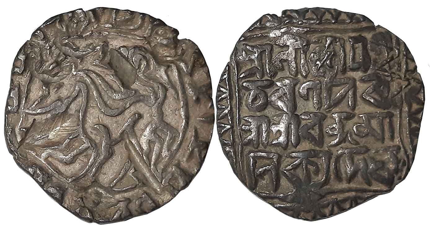 Ratna Manikya, Silver Tanka, 10.54g, Broad flan, SE 1386, Bengali legend on both sides, Ob
