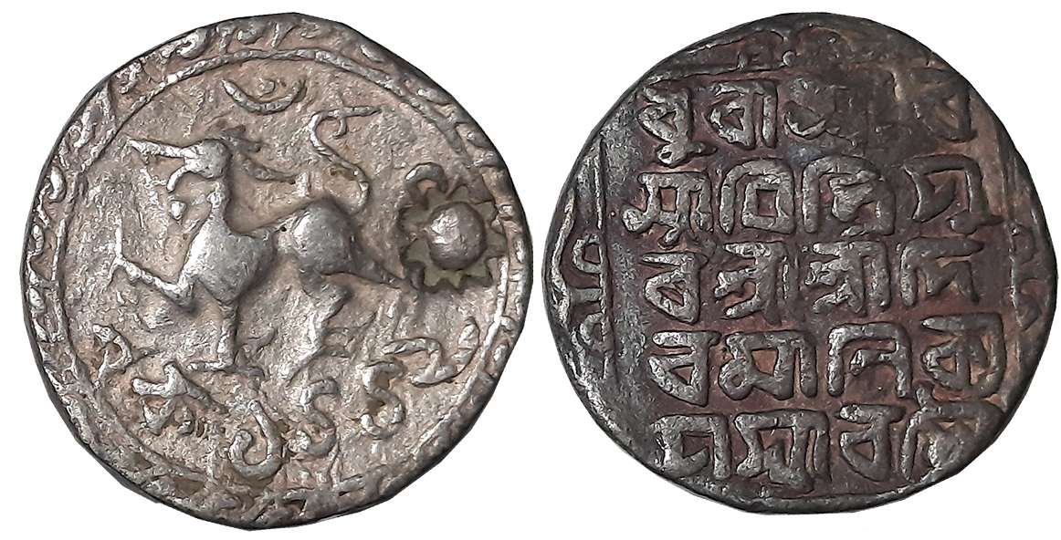 Deva Manikya with Queen Padmavati Mahadevi, Silver Tanka, 10.23g, SE 1449, Obv: Lion to le
