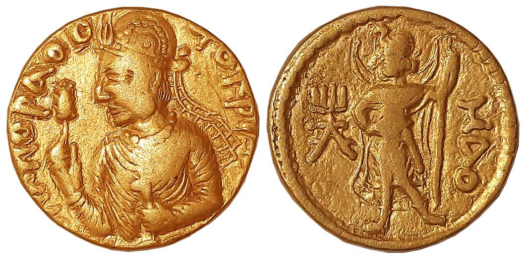 Kushans, Huvishka, Gold Dinar, 7.80g, Obv: Draped bust of the king to left, wearing helmet