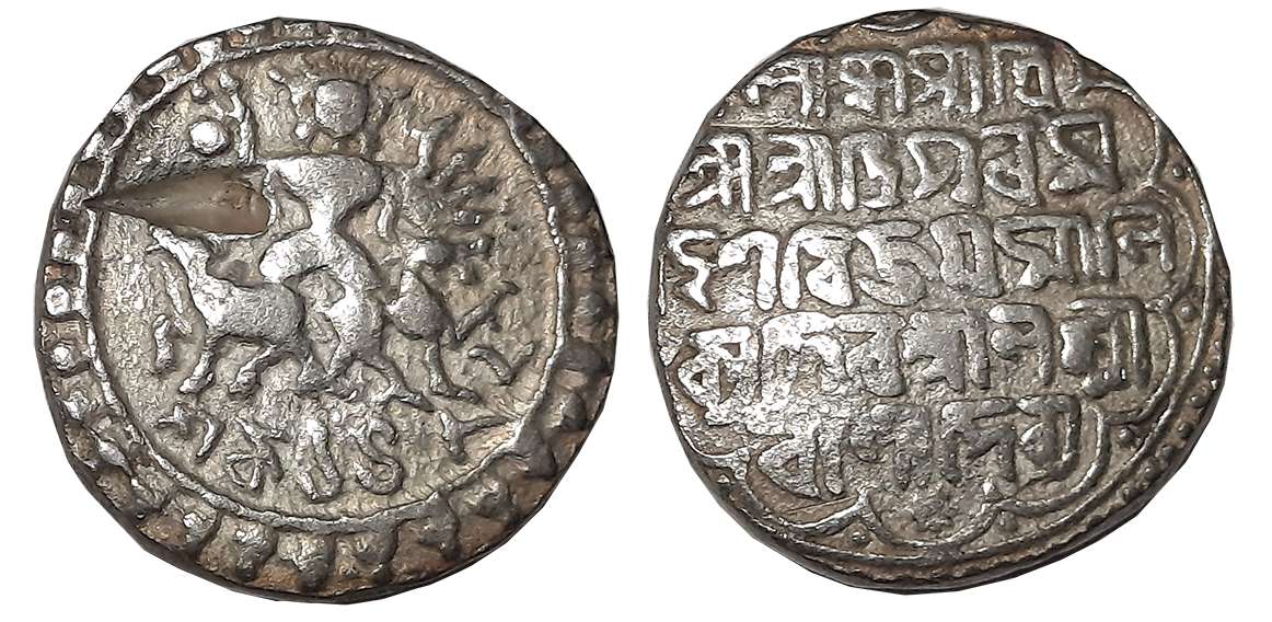 Vijaya Manikya with Queen Laxmi, Silver Tanka, 10.71g, SE 1482, Ritual bath in River Lakhm