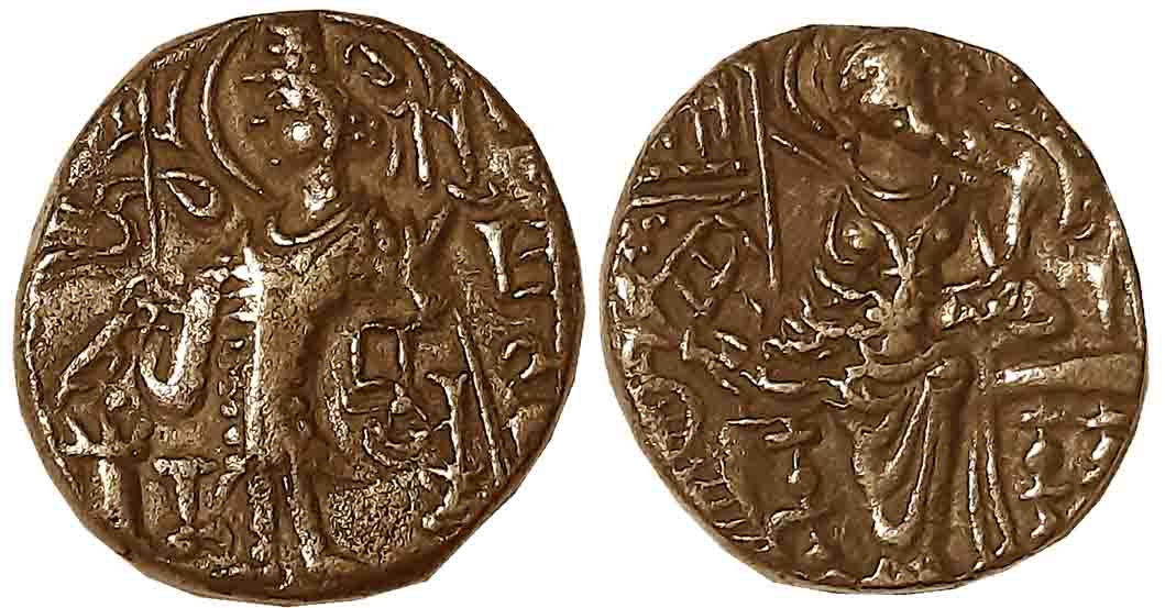Later Kushans, Shaka, Debased Gold Dinar, 7.43g, Obv: King Nimbate standing, facing left h