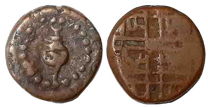 Anonymous, Copper Kasu, 2.91g, Obv: Conch within dotted circle, Rev: Criss-cross lines, De