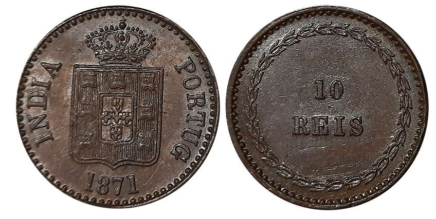 Luiz I, Copper 10 Reis, 6.36g, 1871, Obv: Crowned arms date below, Rev: Value within wreat