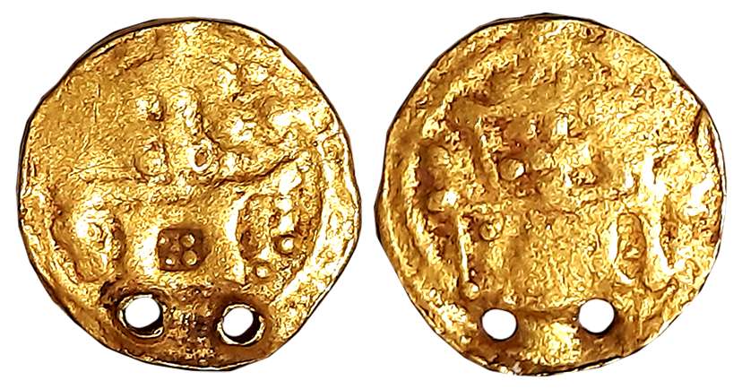 Chalukyas of Kalyana, Anonymous Gold Gadyana, 4.34g, Temple on both sides. Pierced, very f