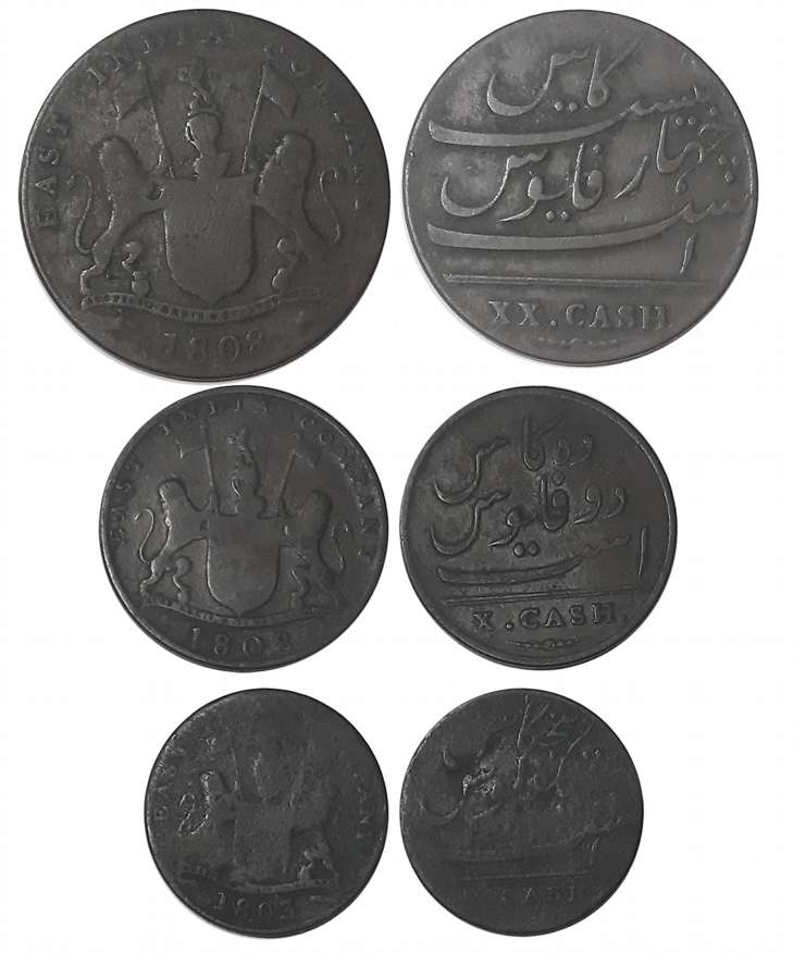 Copper (3), 20 Cash, 1808 (KM# 321), 10 Cash, 1808 (KM# 319) & 5 Cash, 1803 (KM# 317), Obv