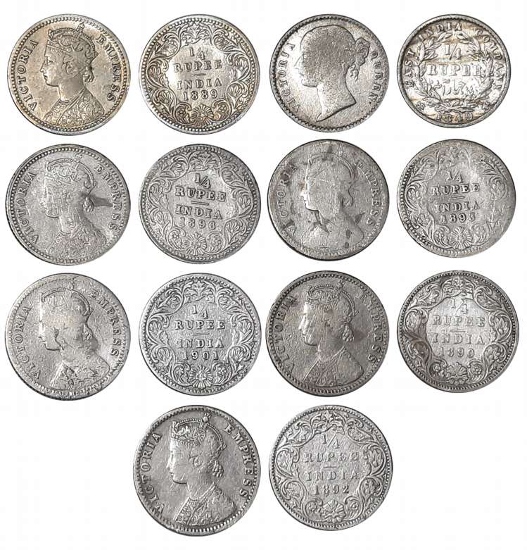 Silver 1/4 Rupees (7), Victoria Queen, 1840, Victoria Empress, Bombay Mint, 1890, 1892, Ca