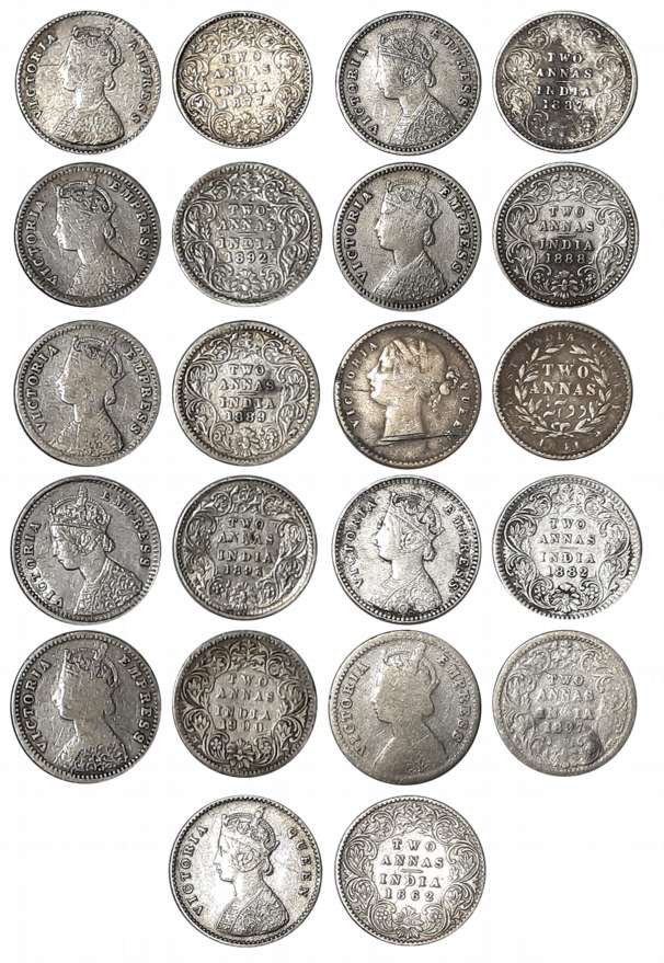Silver 2 Anna (11), Victoria Queen, 1841, Victoria Empress, Bombay Mint, 1887, 1888, 1889,