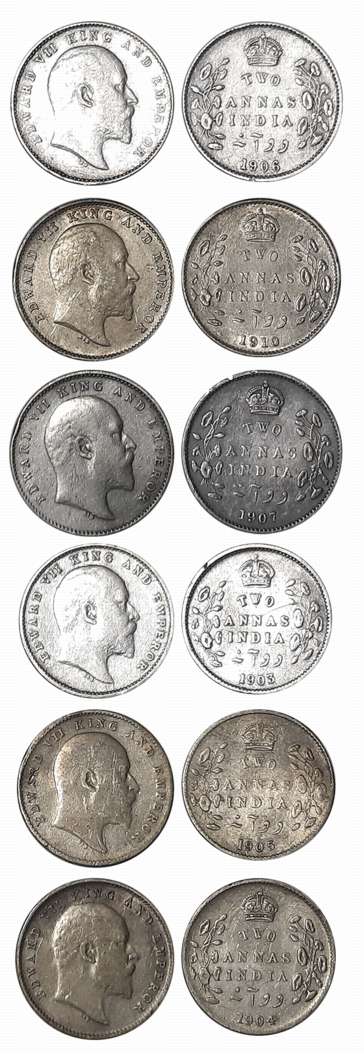 Edward VII, Silver 2 Anna (6), 1903, 1904, 1905, 1906, 1907, 1910. Fine to very fine+. 6 c