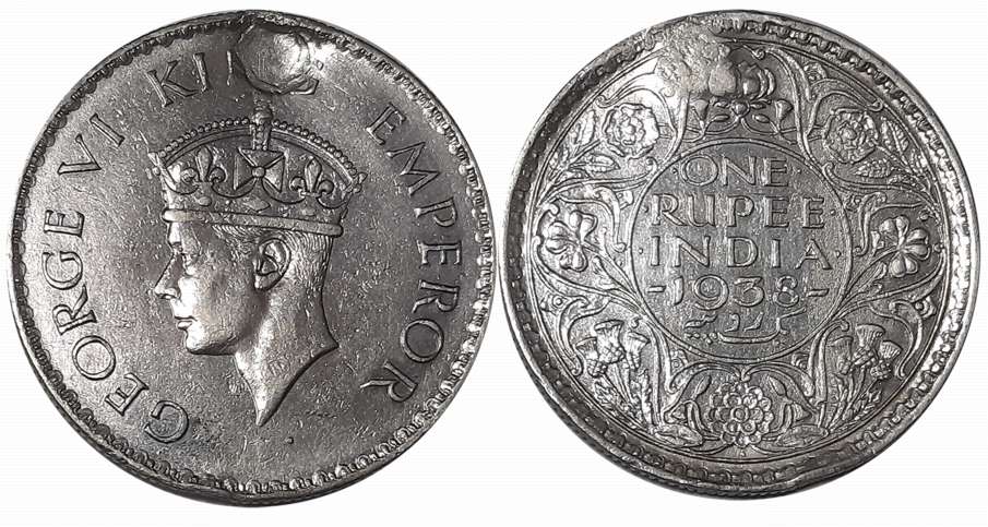 George VI, Silver Rupee, 1938, Bombay Mint. Removed from jewellery loop otherwise very fin