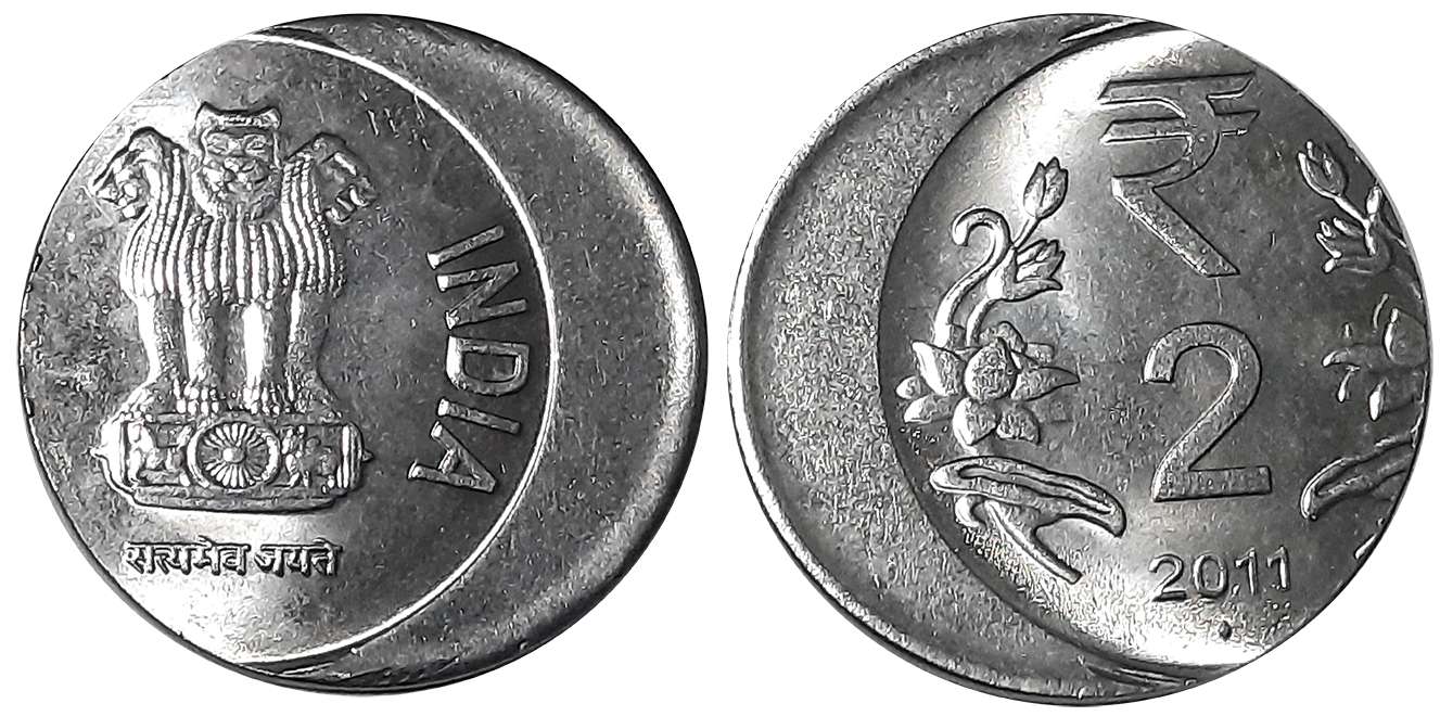 Stainless Steel Rupees 2, Error- Die shifted, 2011, Bombay Mint, Obv: Ashoka Pedestal, Rev