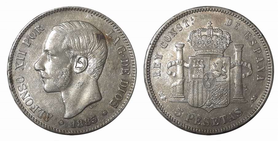 Spain, Alfonso XIII, Silver 5 Pesetas, 24.82g, 1885, Obv: King facing left, Rev: Crowned a