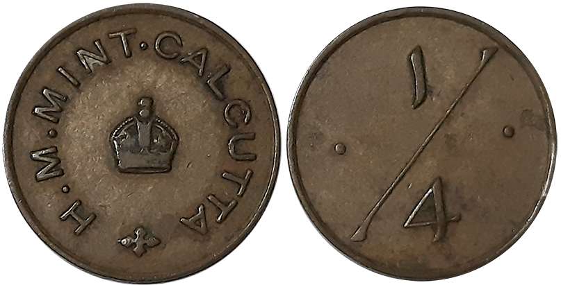 Calcutta 1/4 Token, Copper, H M Mint. Extremely fine.