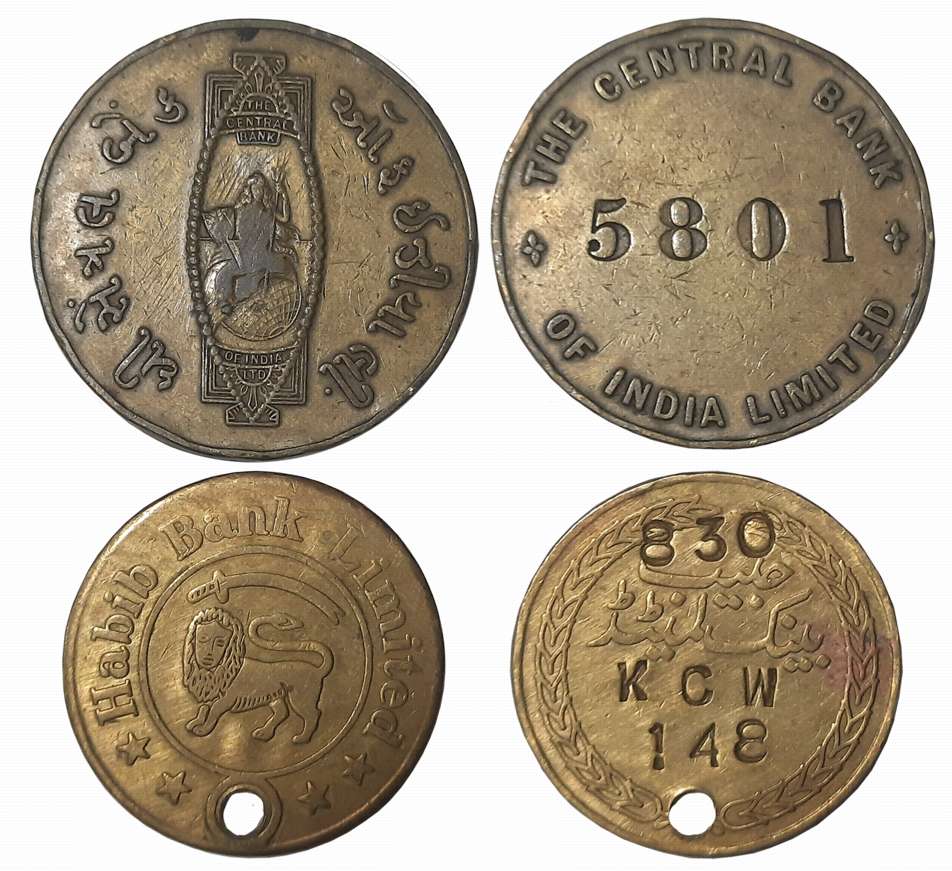 Copper Token (2), Central Bank of India & Habib Bank. Very fine. 2 Tokens.
