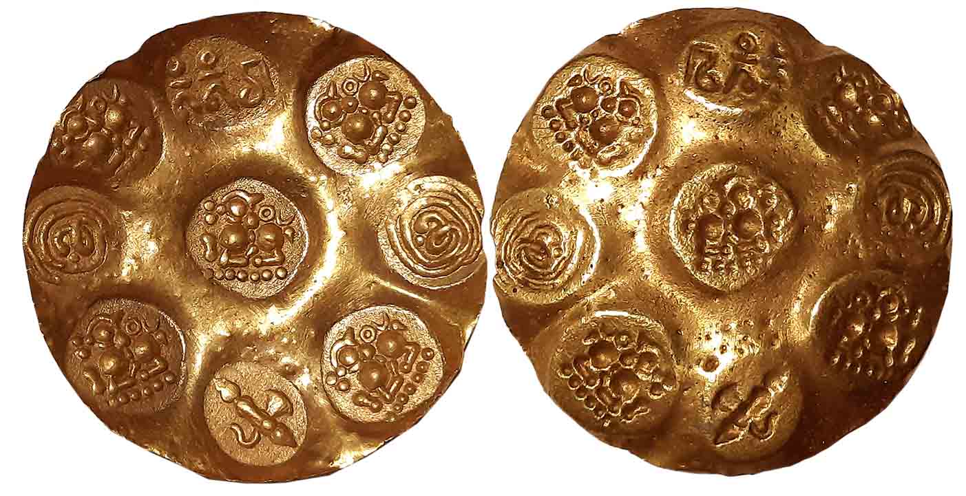 Nolambas of Nolambavadi, Nanni Nolamba, Gold Punch Marked Gadyana, 3.73g, Obv: Nine punche