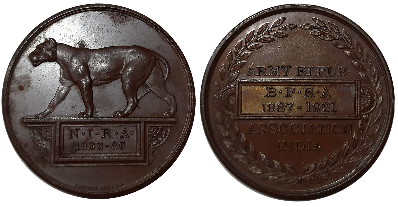British India, Copper Medal, 19.17g, Army Rifle Association, Obv: Tiger advancing left on 