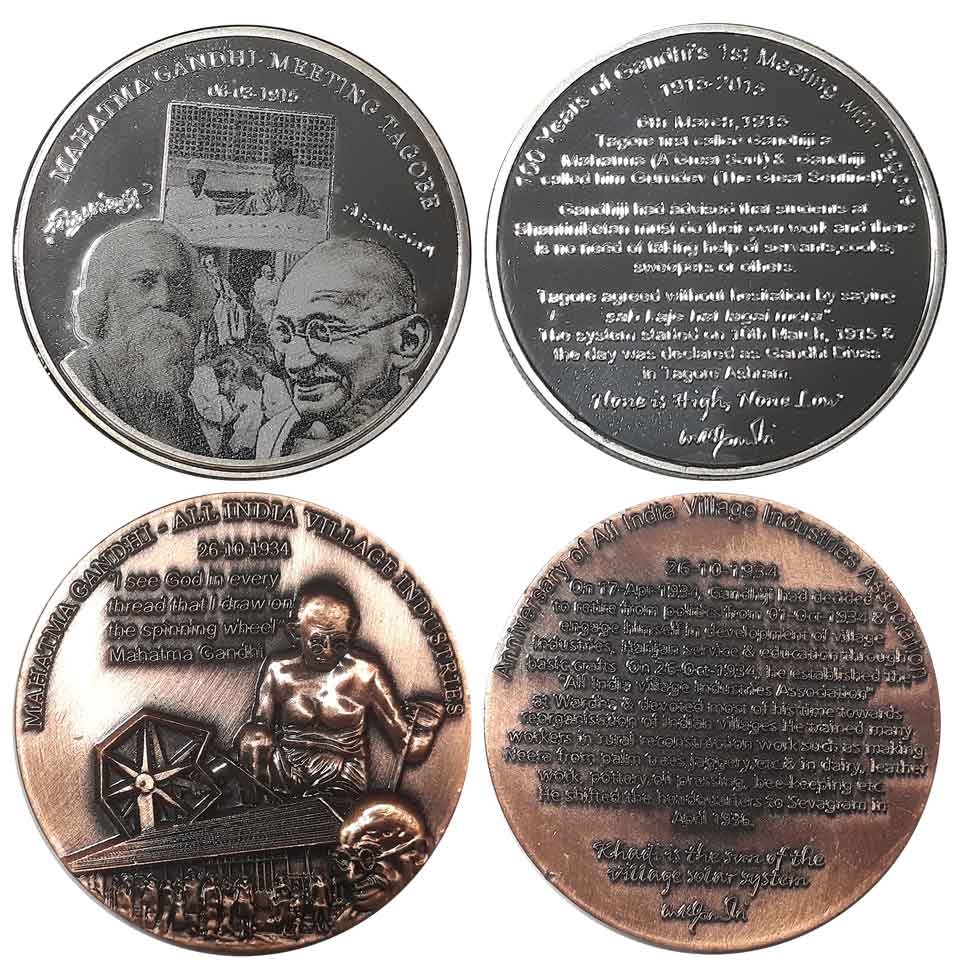 Medal (2), Mahatma Gandhi Meeting with Tagore, Cupro Nickel and Coloured, Obv: Joint portr