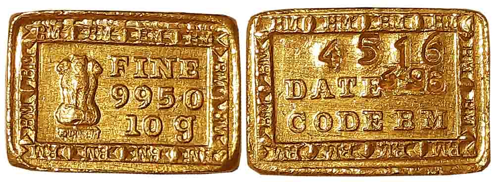 Gold 10g Bar, 9.98g, Bombay Mint, Ashoka Pillar, 995.0 Fine, Obv: 10g in three line, Rev: 