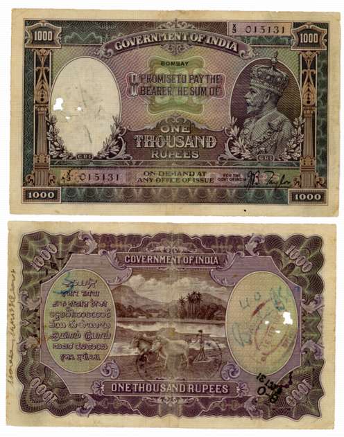 George V, Rupees 1000, Type 3.11, Bombay Circle, Signed J. B. Taylor, Prefix X/3 (R IPM# 3