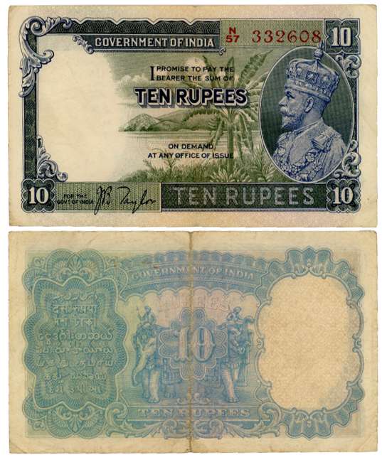 George V, Rupees 10, 3rd issue, Type 3.8, Signed J. B. Taylor, Prefix N/57 (R IPM# 3.8.1B)