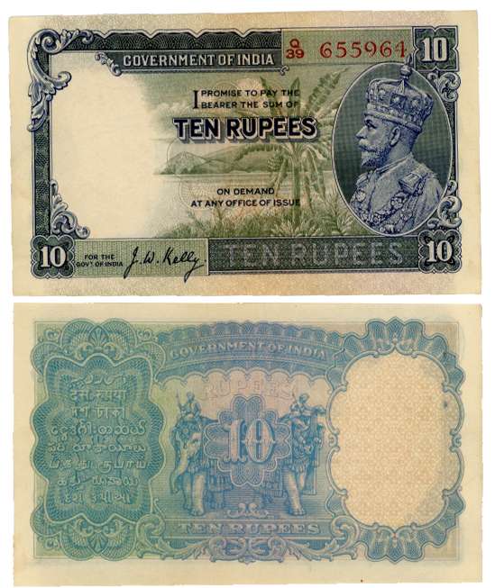 George V, Rupees 10, 3rd issue, Type 3.8, Signed J. W. Kelly, Prefix Q/39 (R IPM# 3.8.2). 