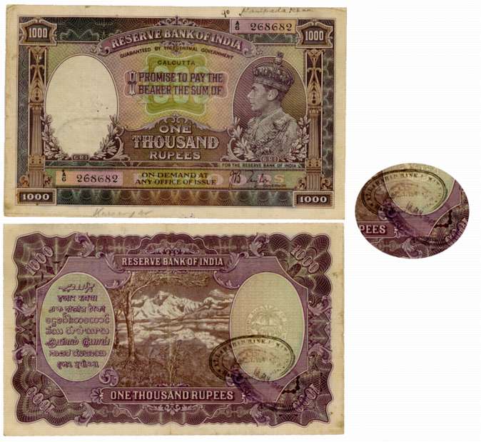 George VI, Rupees 1000, Type 4.8, Calcutta Circle, Signed J.B. Taylor, Prefix A/6 (R IPM #