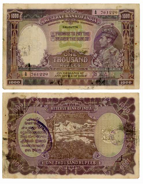 George VI, Rupees 1000, Type 4.8, Calcutta Circle, Signed J.B. Taylor, Prefix A/6 (R IPM #