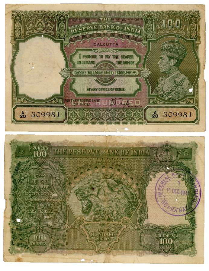 George VI, Rupees 100, Type 4.7, Calcutta Circle, Signed J. B. Taylor, Prefix A/20, Serial