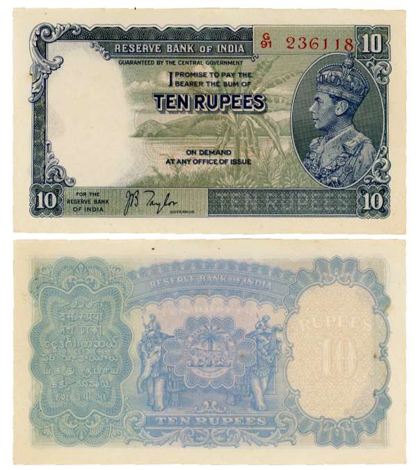 George VI, Rupees 10, 1st issue, Type 4.5, Signed J. B. Taylor, Prefix G/91 (Jhun# 4.5.1).